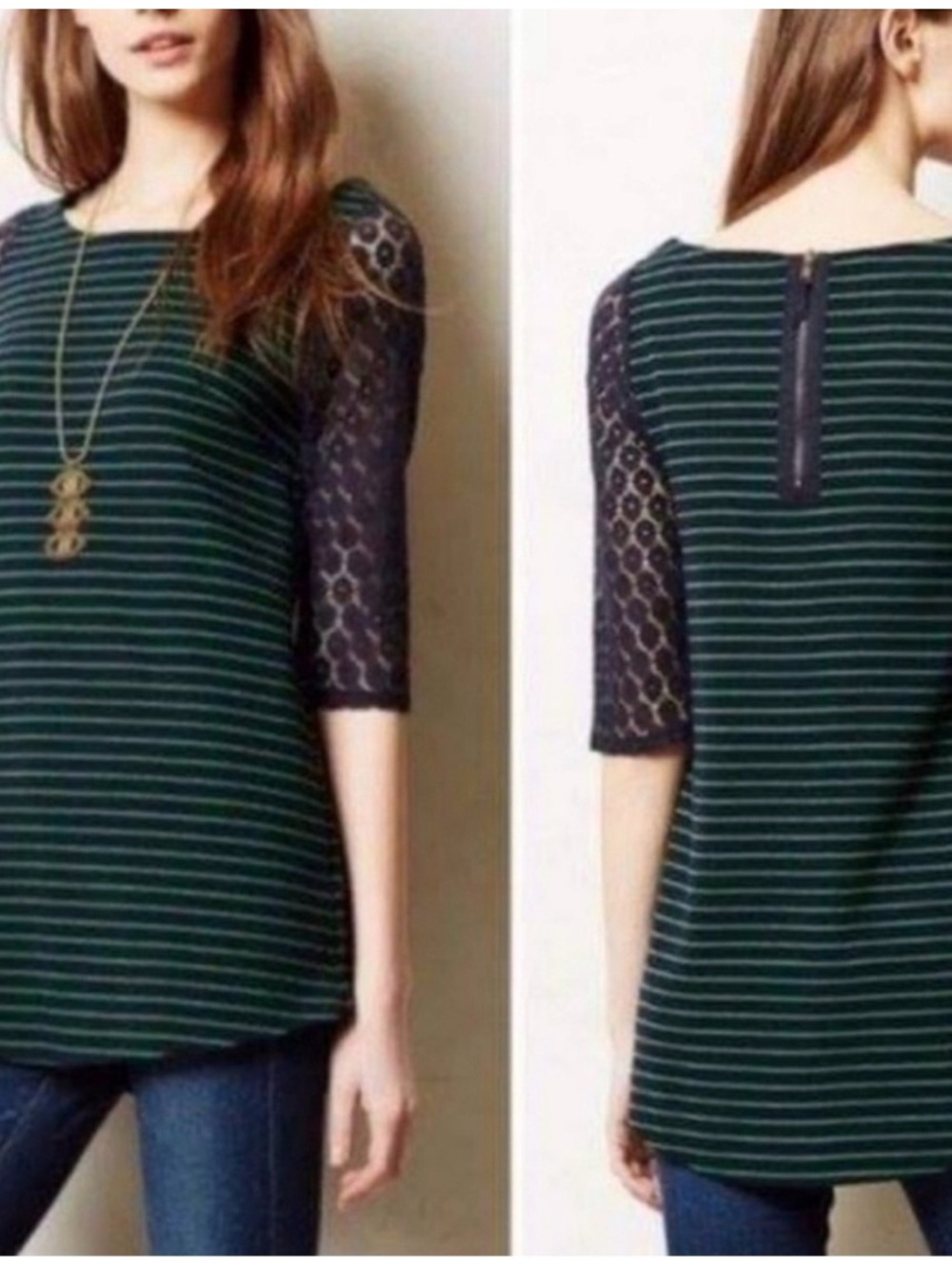 Striped Green Lace-Sleeve Women's Top ANTHROPOLOGY POSTMARK 😍